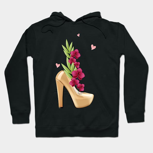 Womens Golden High Heels with Flowers for Women and Confident Girls Hoodie by Productcy